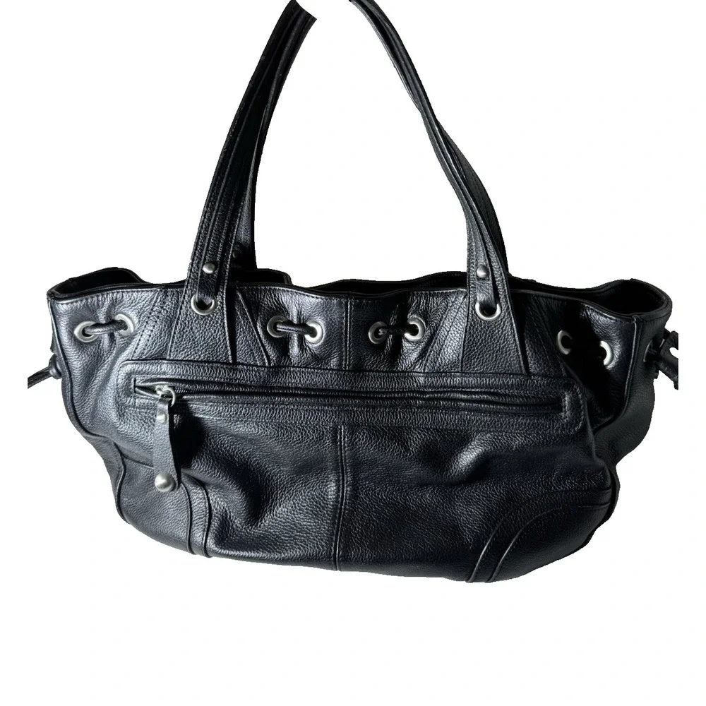 Adrienne Vittadini Black Genuine Leather Shoulder Bag Satchel Tote Silver Y2K